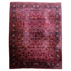 Tappeto antico in lana con motivi floreali, realizzato a mano negli anni '20, rosso e blu navy, 10,27 × 12,99 piedi - 1C1303