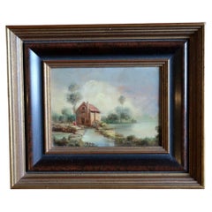 Signiertes Vintage-Landschaftsgemälde mit Wassermühle in Holzrahmen – 2C244
