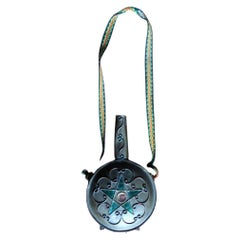 Decorative Metal Powder Flask with Green Glass Star and Woven Strap - 2C259