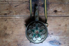 Decorative Metal Powder Flask with Green Glass Star and Woven Strap - 2C259