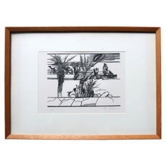 Vintage Signed Surrealist Landscape Print in Wooden Frame - 2C263
