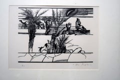 Vintage Signed Surrealist Landscape Print in Wooden Frame - 2C263