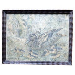 Vintage Duck and Ducklings Print Signed S. Kuperus, Wooden Frame - 2C265