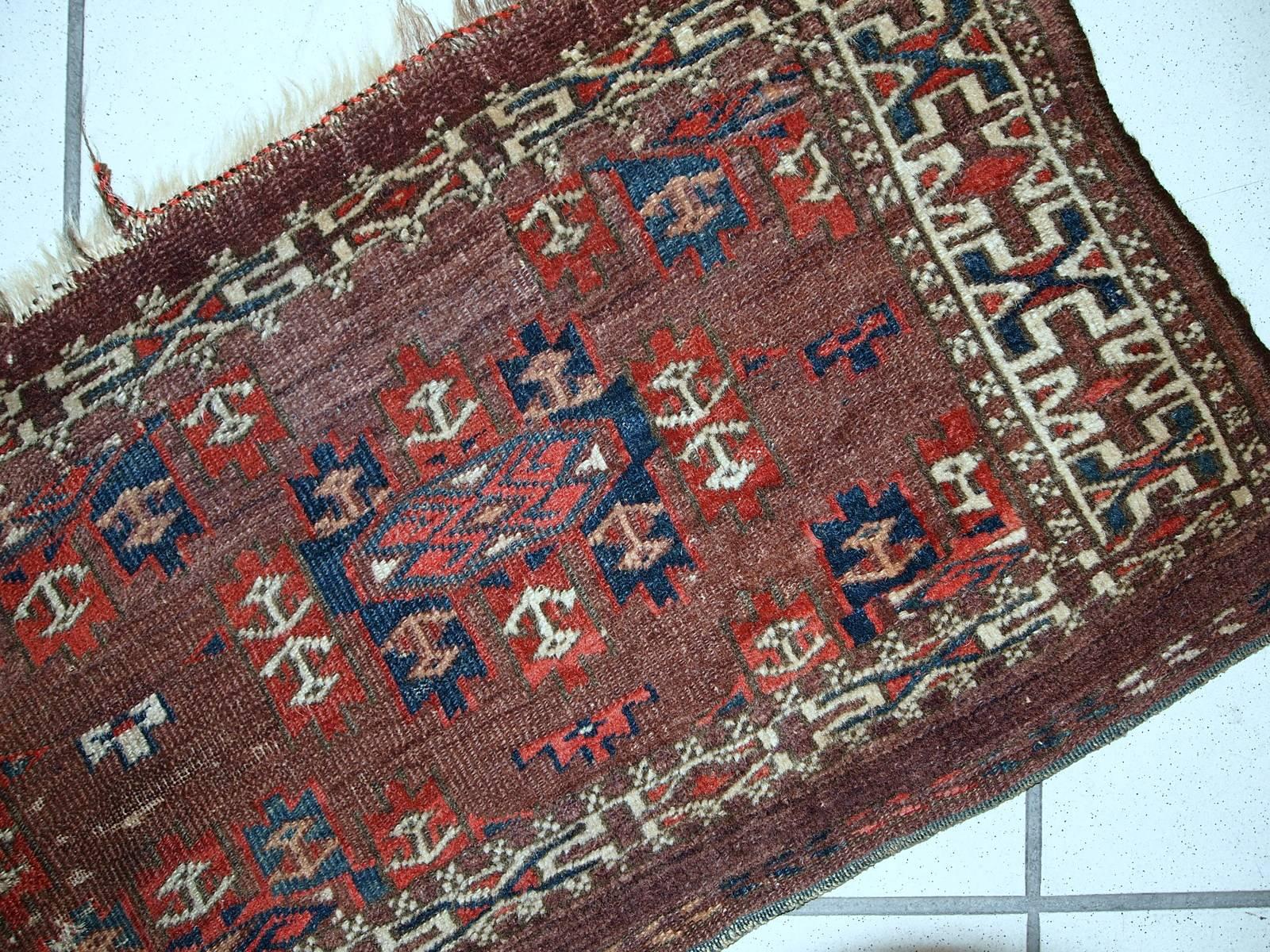 Handmade Antique Collectible Turkmen Yomud Torba, 1880s, 1C09 In Fair Condition In Bordeaux, FR