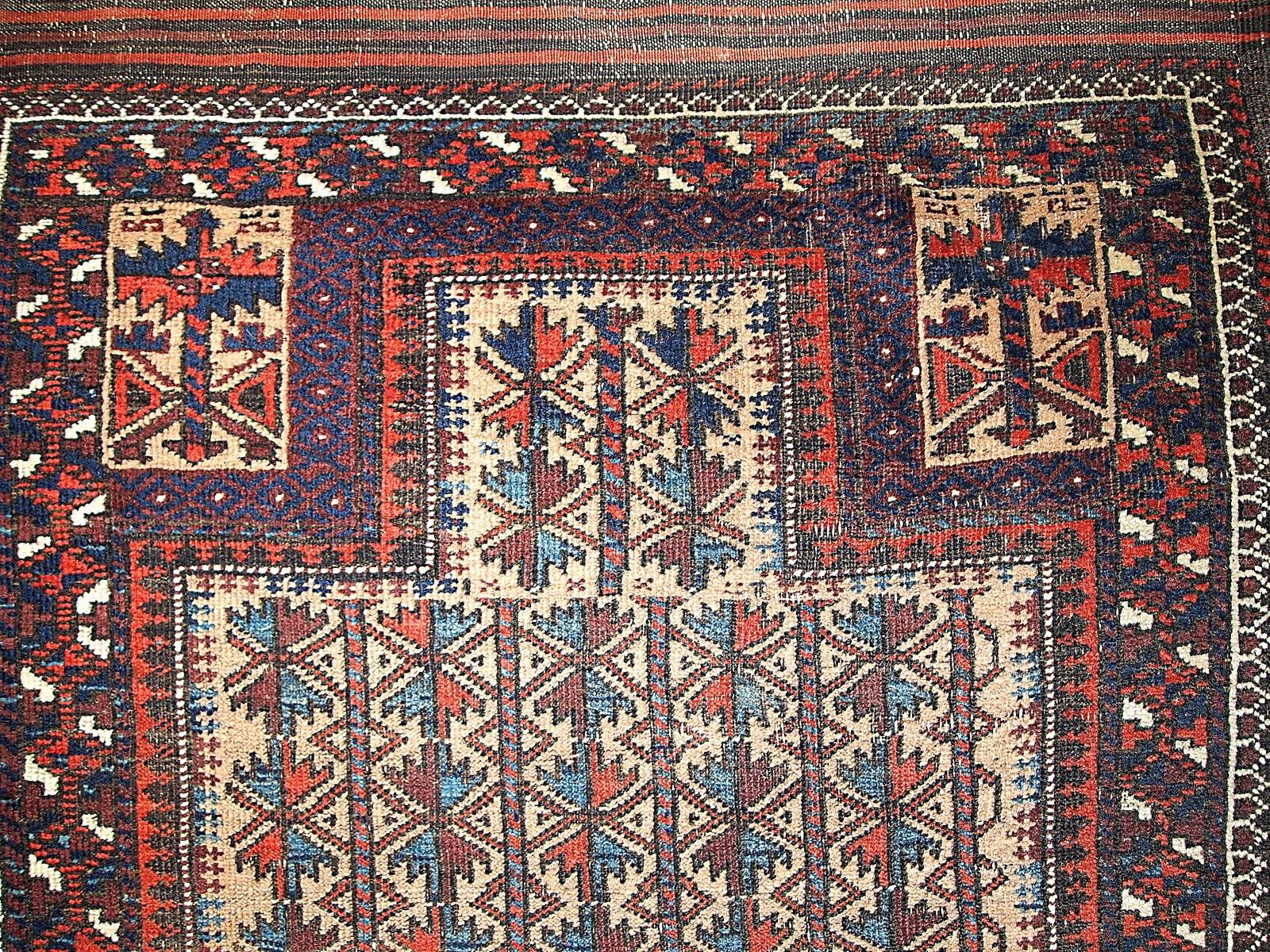 Hand-Knotted Handmade Antique Distressed Afghan Baluch Prayer Oriental Rug, 1880s, 1B219 For Sale
