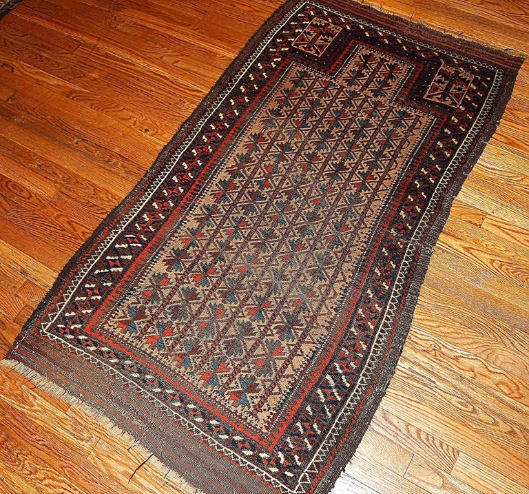 Handmade Antique Distressed Afghan Baluch Prayer Oriental Rug, 1880s