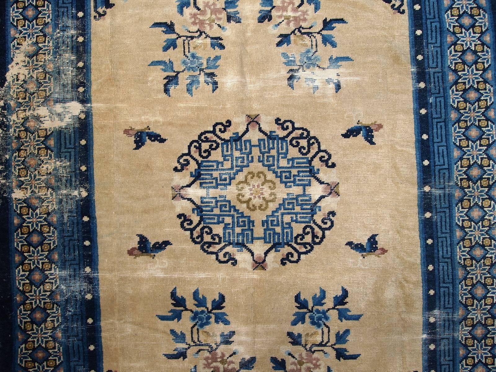 Wool Handmade Antique Peking Chinese Destressed Rug, 1880s, 1C275 For Sale