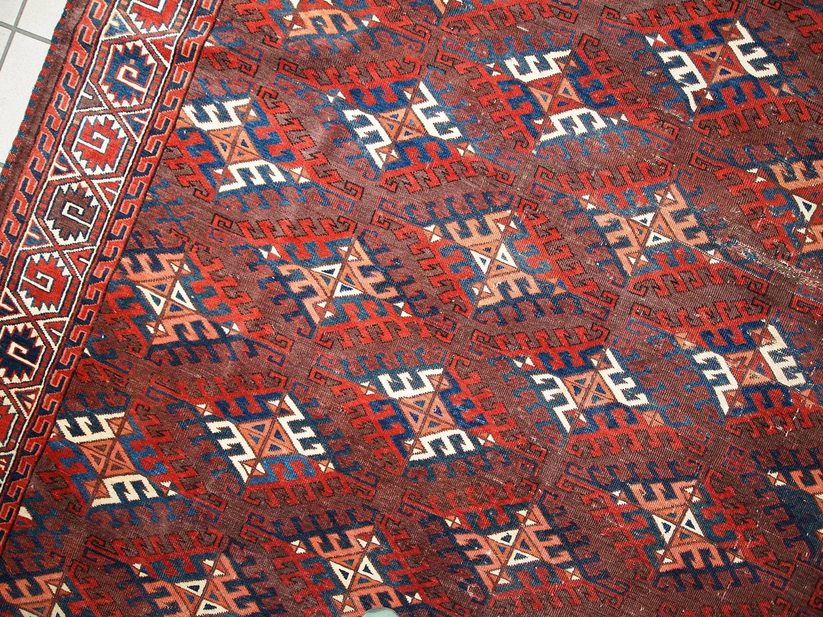Wool Handmade Antique Turkmen Yomud Rug, 1880s, 1C310 For Sale