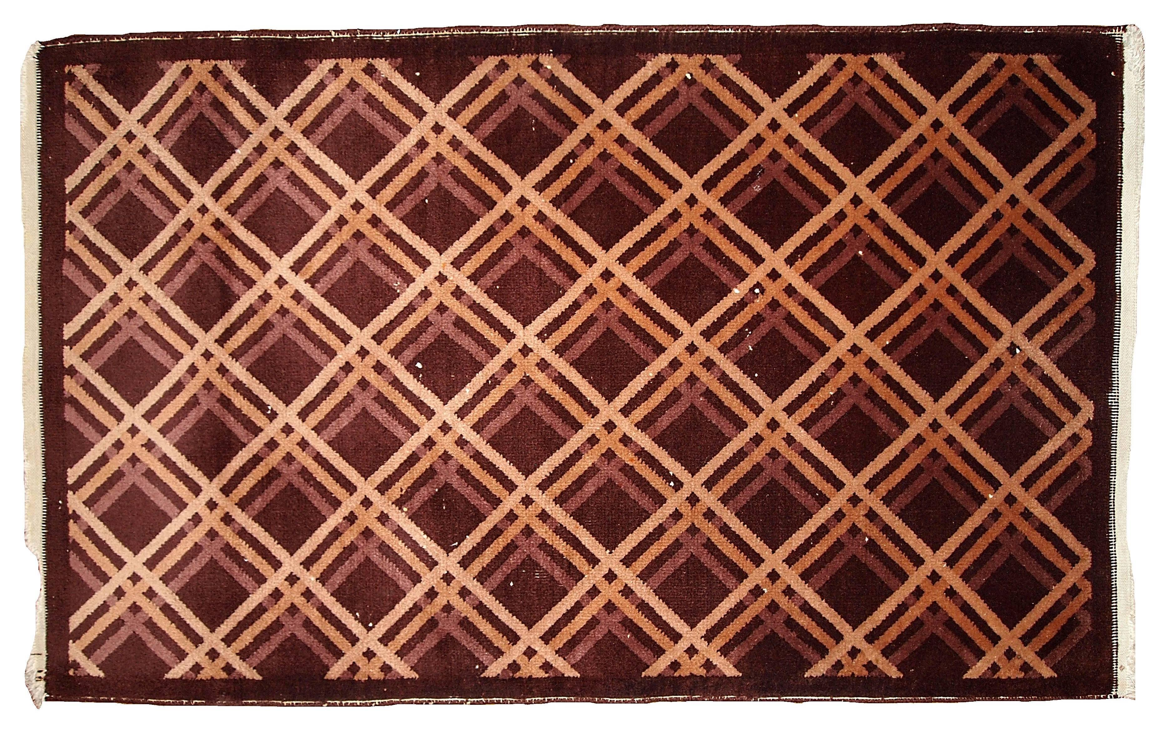 Antique handmade geometric Nichol Chinese rug. Very unusual design for that age but very modern and fashionable today. There are not so many of geometric Chinese's of 1920s possible to find, what makes this rug unique. Chocolate brown, burgundy,