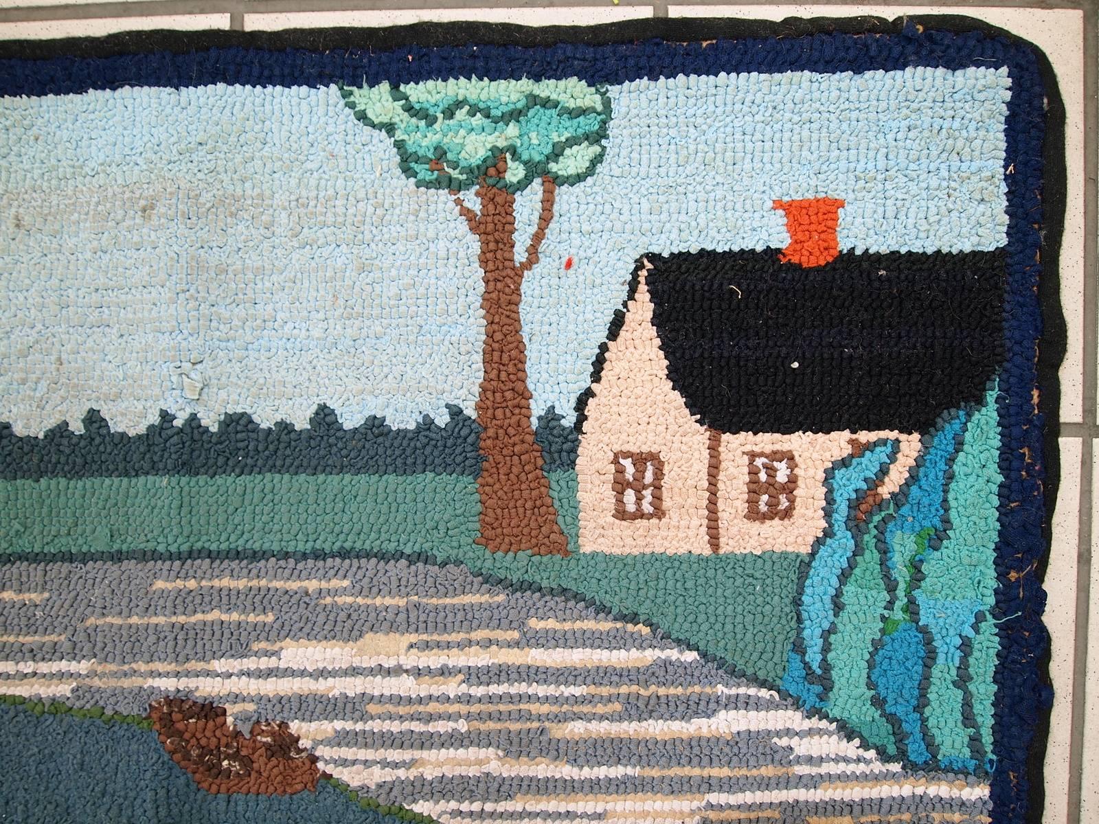 Handmade Vintage American Hooked Rug, 1960s, 1C412 In Good Condition For Sale In Bordeaux, FR