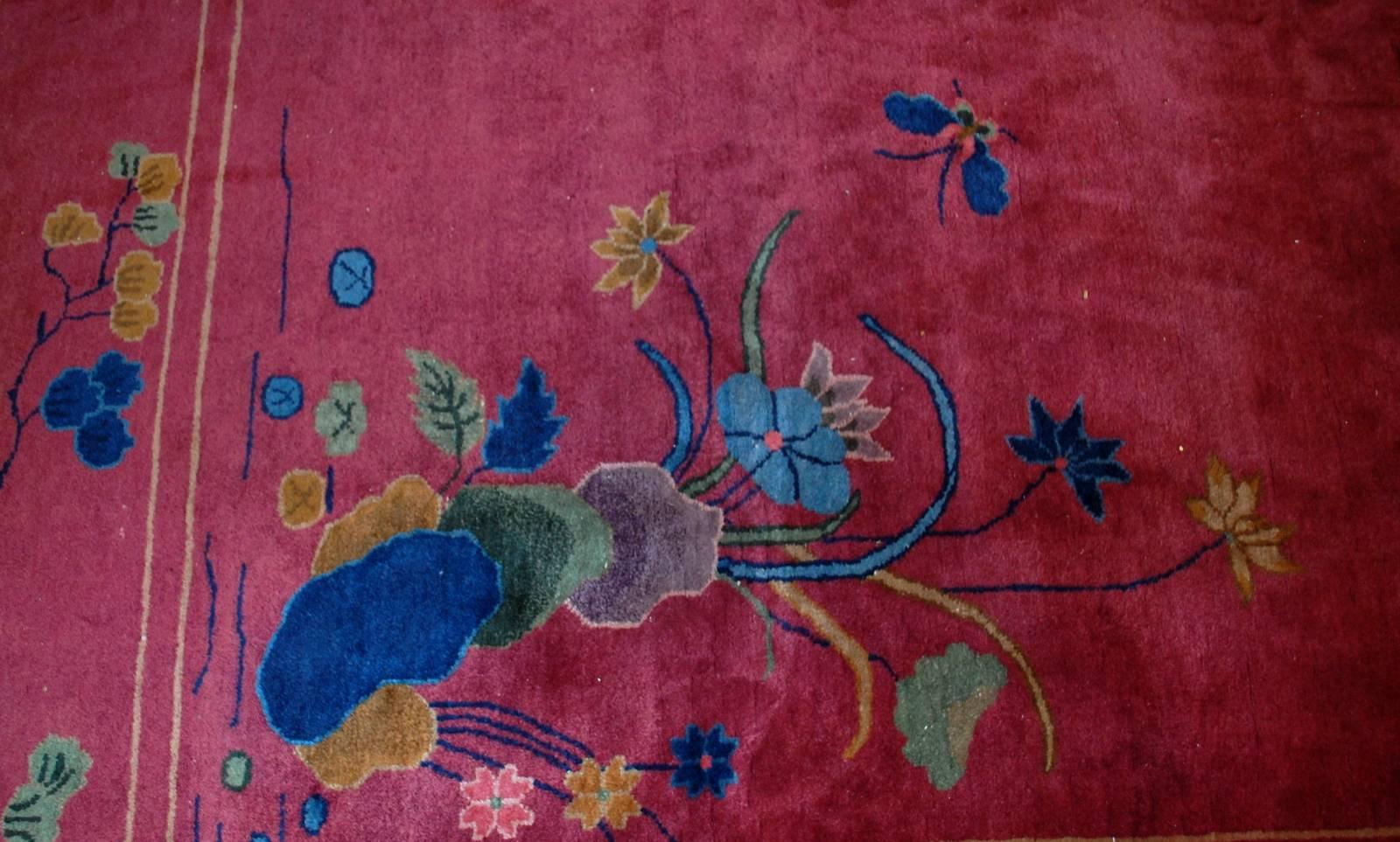 Hand-Knotted Handmade Antique Art Deco Chinese Rug, 1920s