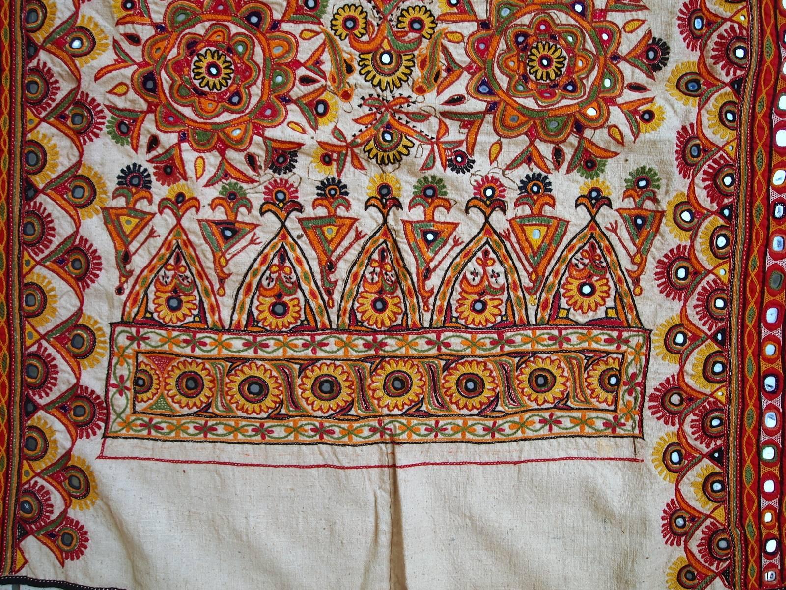 Cotton Handmade Vintage Indian Wall Hanging Embroidered Tapestry, 1950s, 1C428