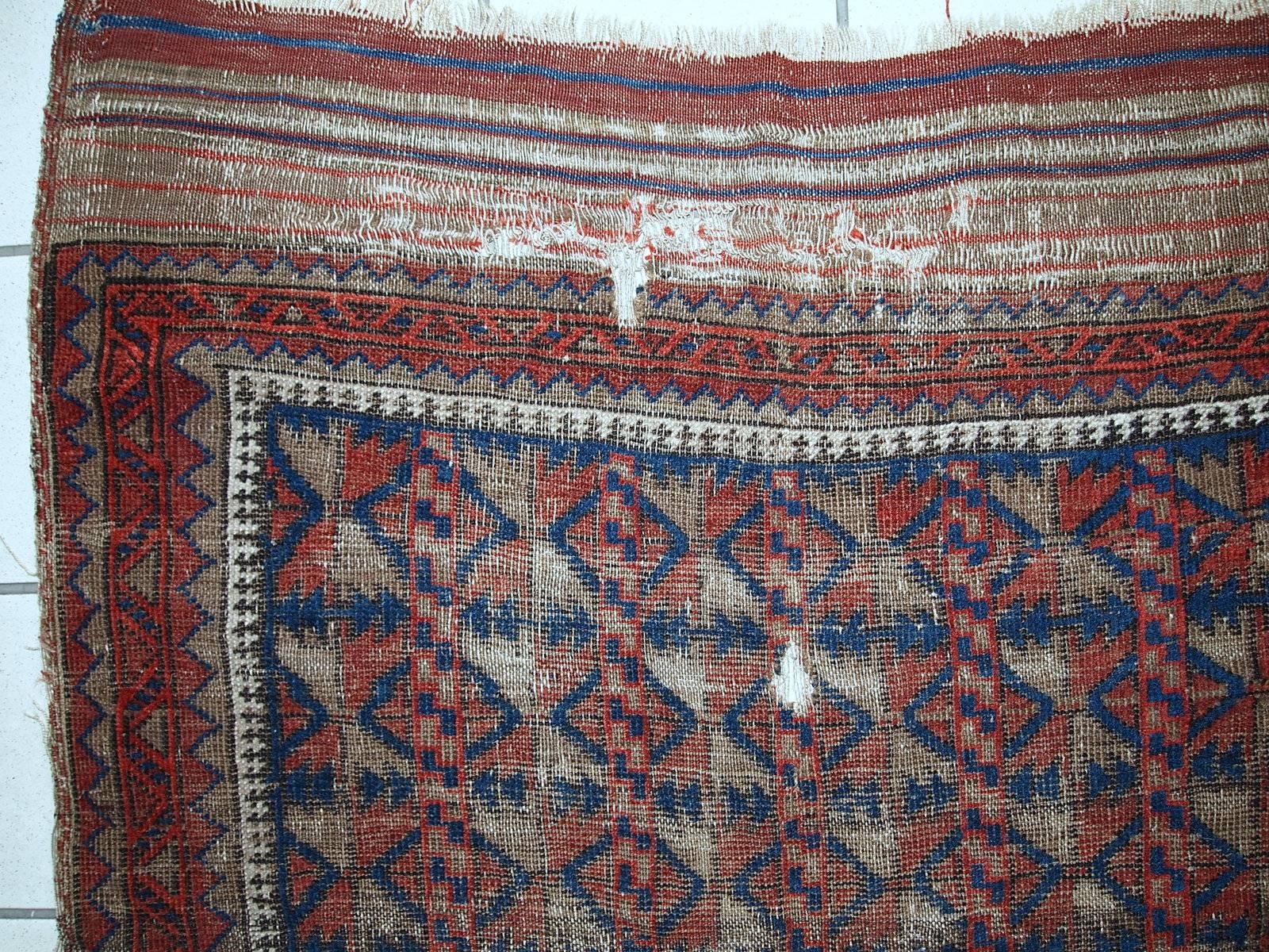 Hand-Knotted Handmade Antique Afghan Baluch Rug, 1880s