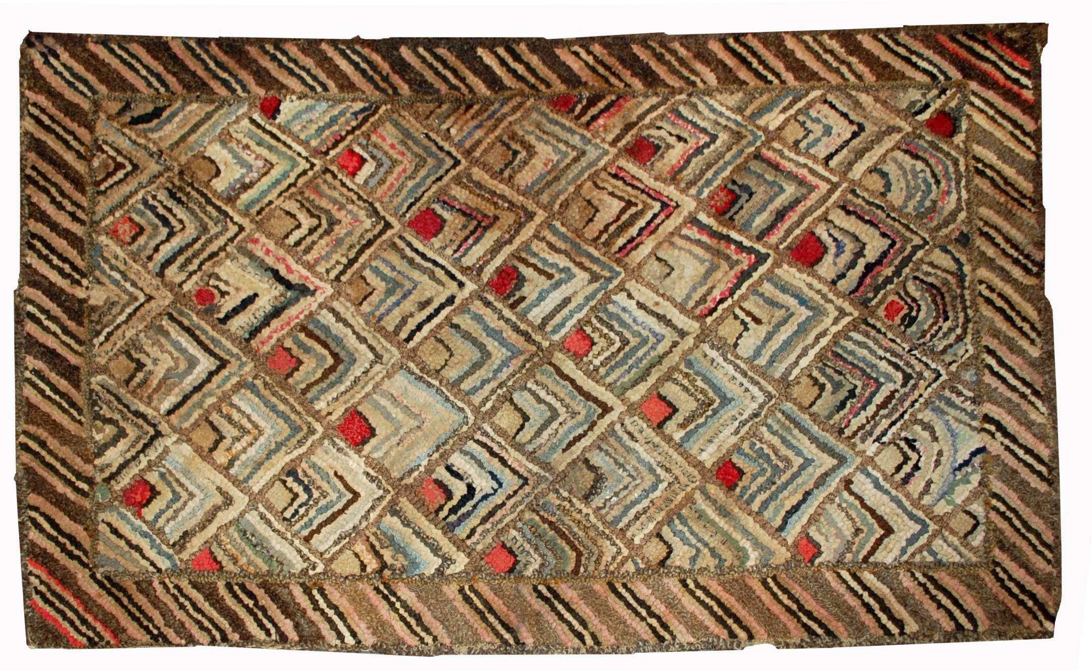 Hand-Knotted Handmade Antique American Hooked Rug, 1900s, 1B497 For Sale