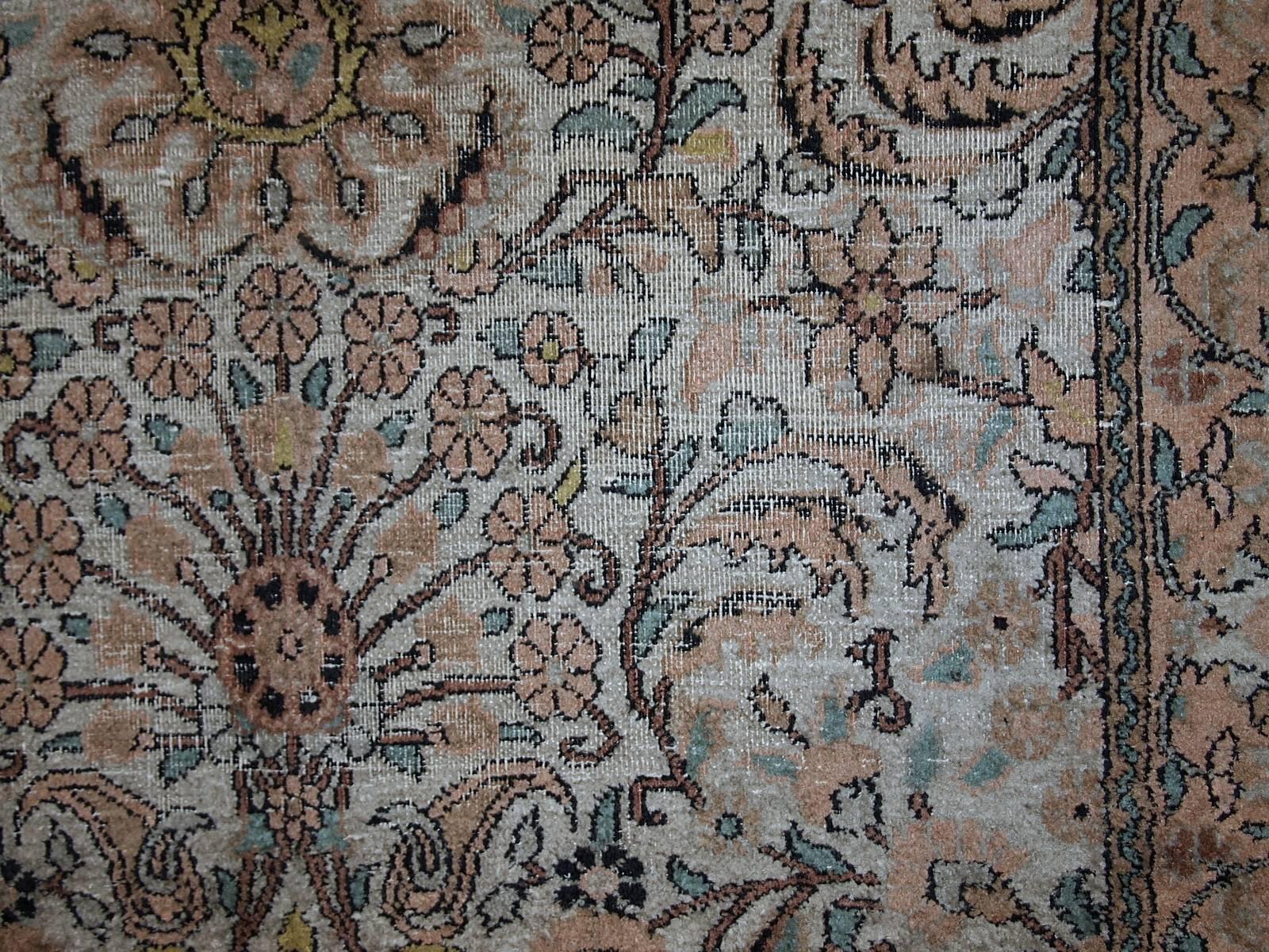 Hand-Knotted Handmade Vintage Silk Indian Indo - Tabriz Rug, 1950s, 1C469 For Sale