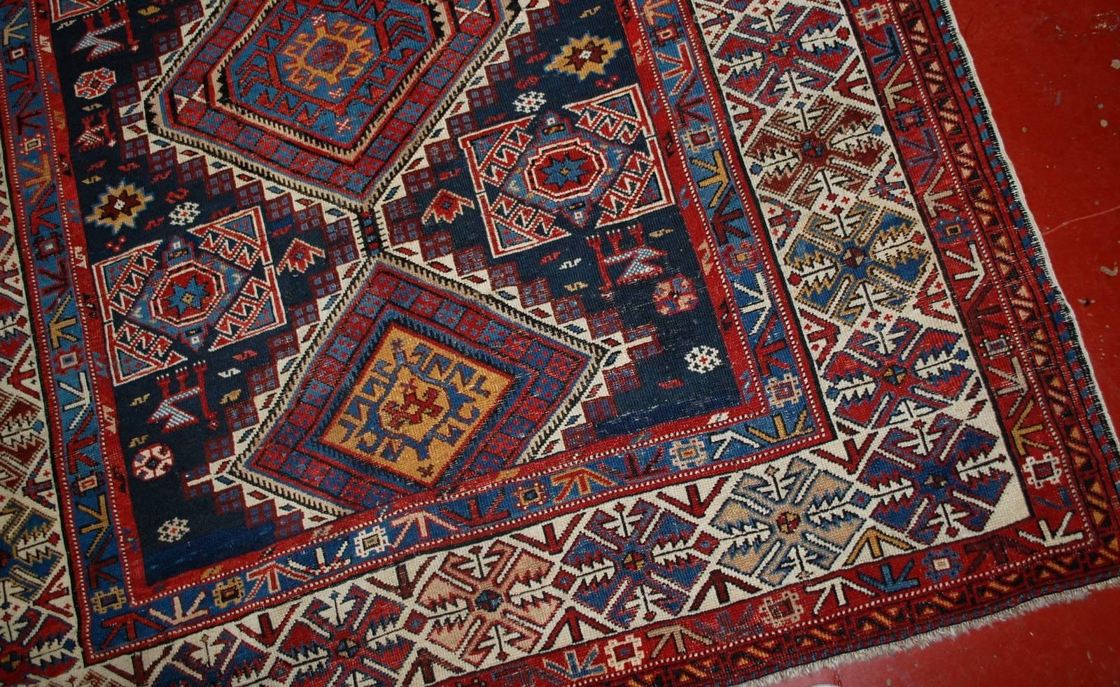 Hand-Knotted Handmade Antique Caucasian Shirvan Rug, 1880s