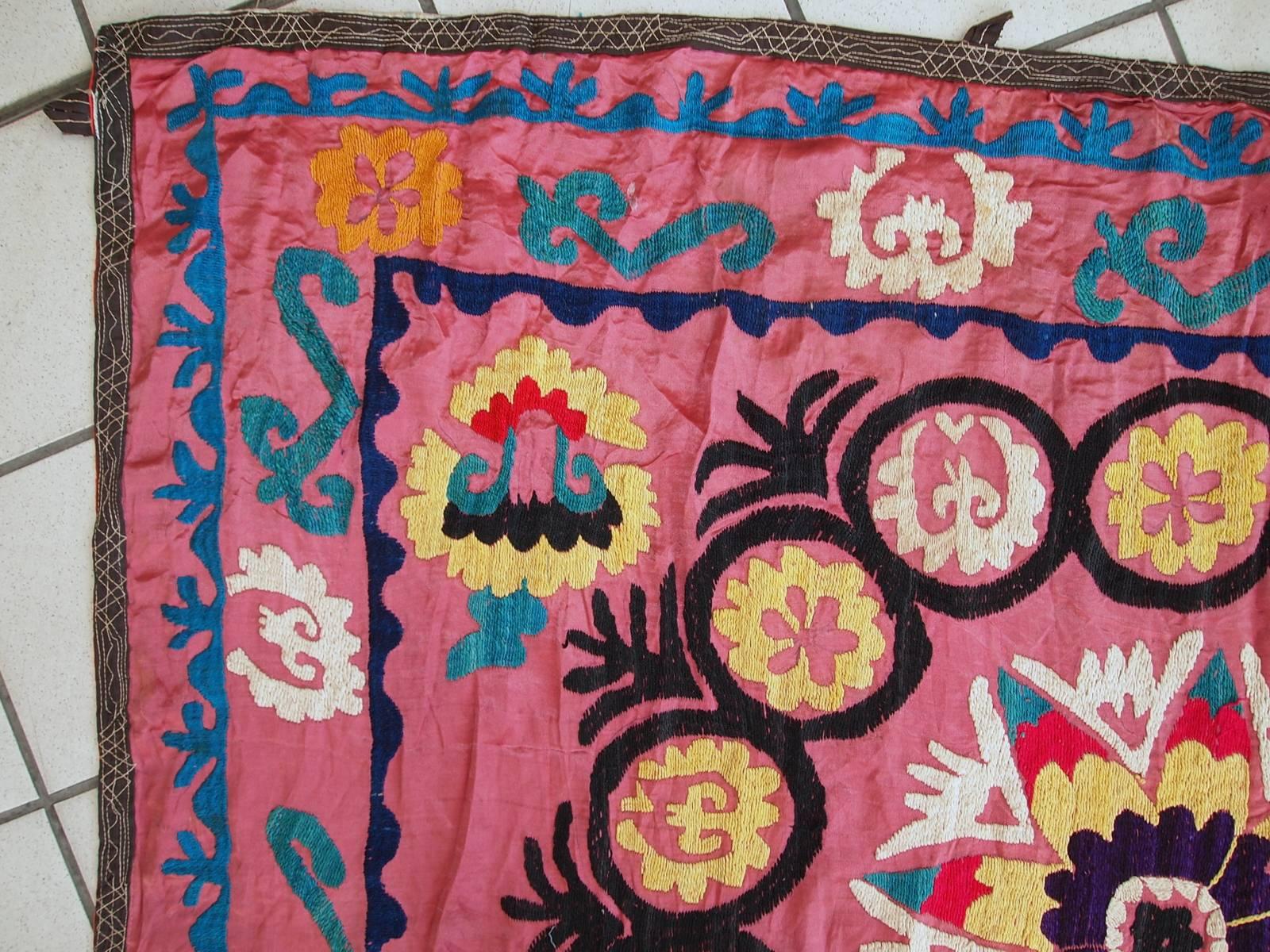 Hand-Knotted Handmade Vintage Uzbek Suzani Embroidery, 1960s