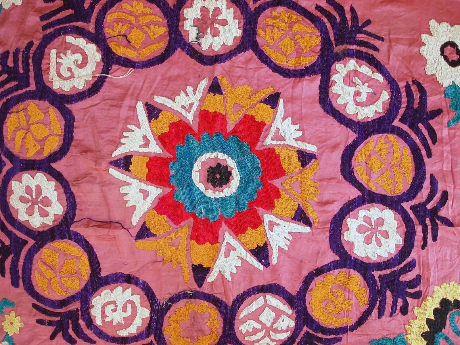 Wool Handmade Vintage Uzbek Suzani Embroidery, 1960s