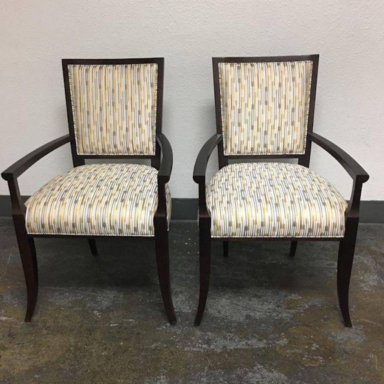 A pair of new Nicole Armchairs by Hickory Chair Co. Since 1911, Hickory Chair has maintained an old-school dedication to fine craftsmanship, particularly when it comes to upholstery. Upholstered in multi color stripes in golden yellow, these