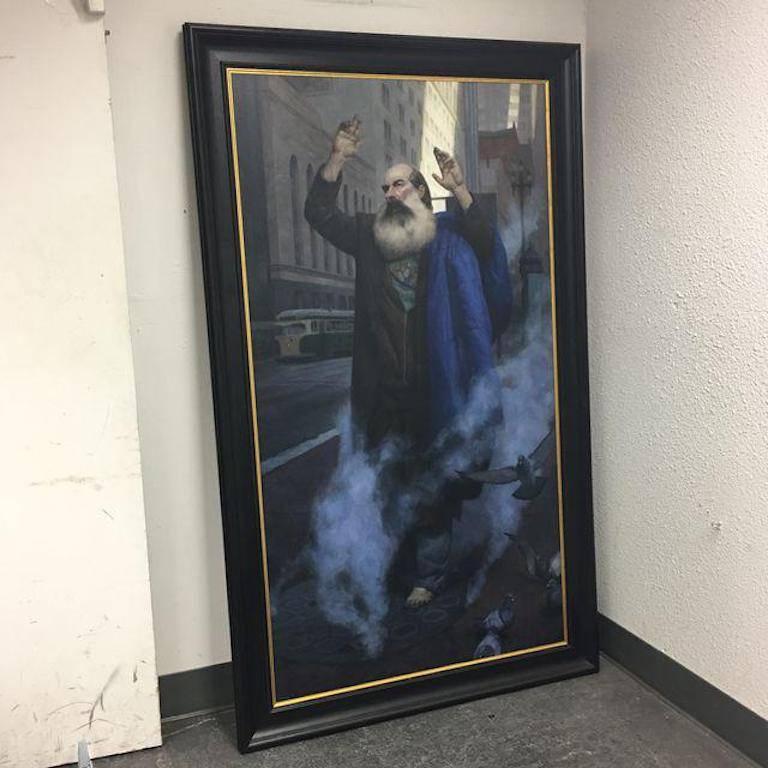 An original art piece and custom gallery framed. "The Prophet " Artist: Carl Dobsky. Oil on canvas. Signed 2013. Purchased from the John Pence Gallery of San Francisco. The frame is in a black finish with gold inner trimming. Other pieces