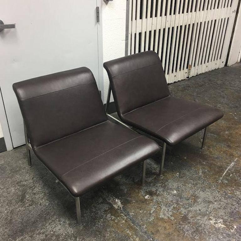 Mid-Century Modern Pair of Bernhardt CP2 Leather and Chrome Lounge Chairs