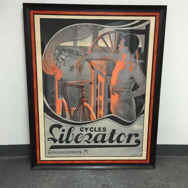 French illustrator Affiche Kossuth's advertisement for Liberator Cycles. This is a large-scale poster lithograph framed to perfection. Original, circa 1895.

  