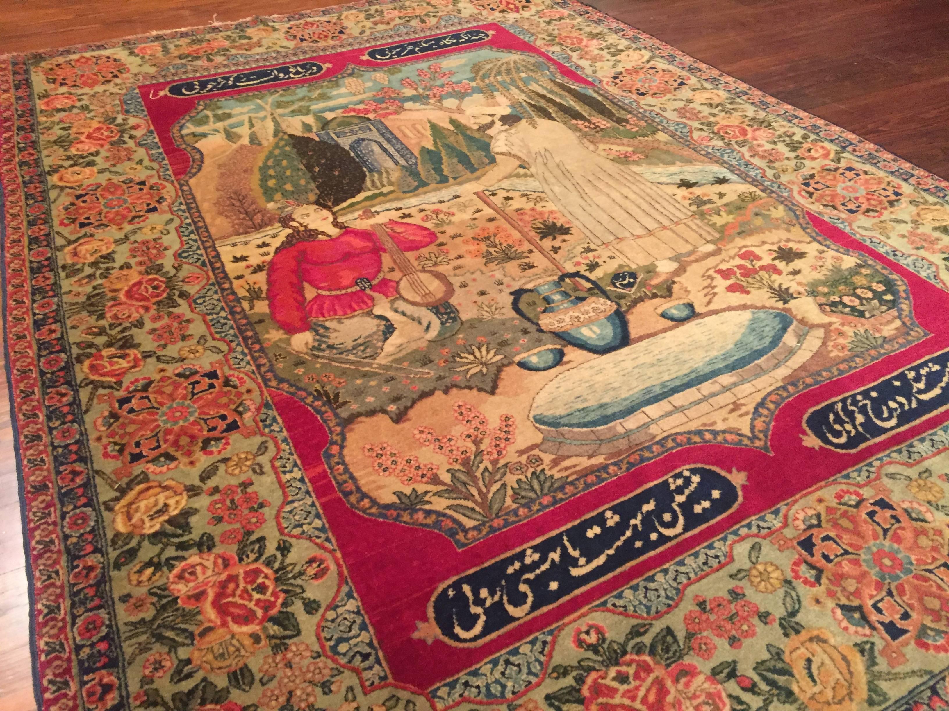 Hand-Knotted Early 20th Century Antique Persian Pictorial Tabriz Rug For Sale