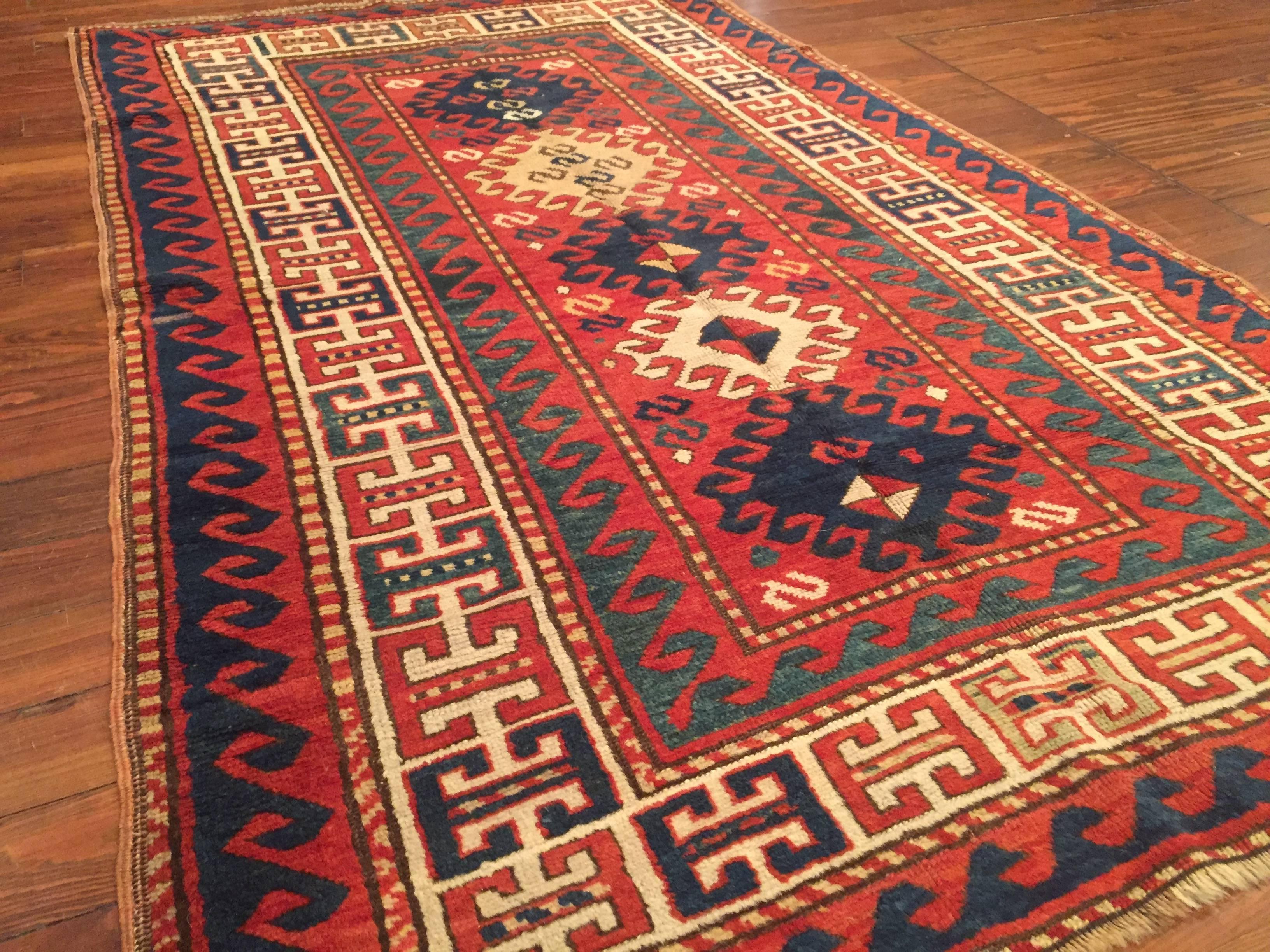 Hand-Knotted Late 19th Century Antique Caucasian Kazak Rug For Sale