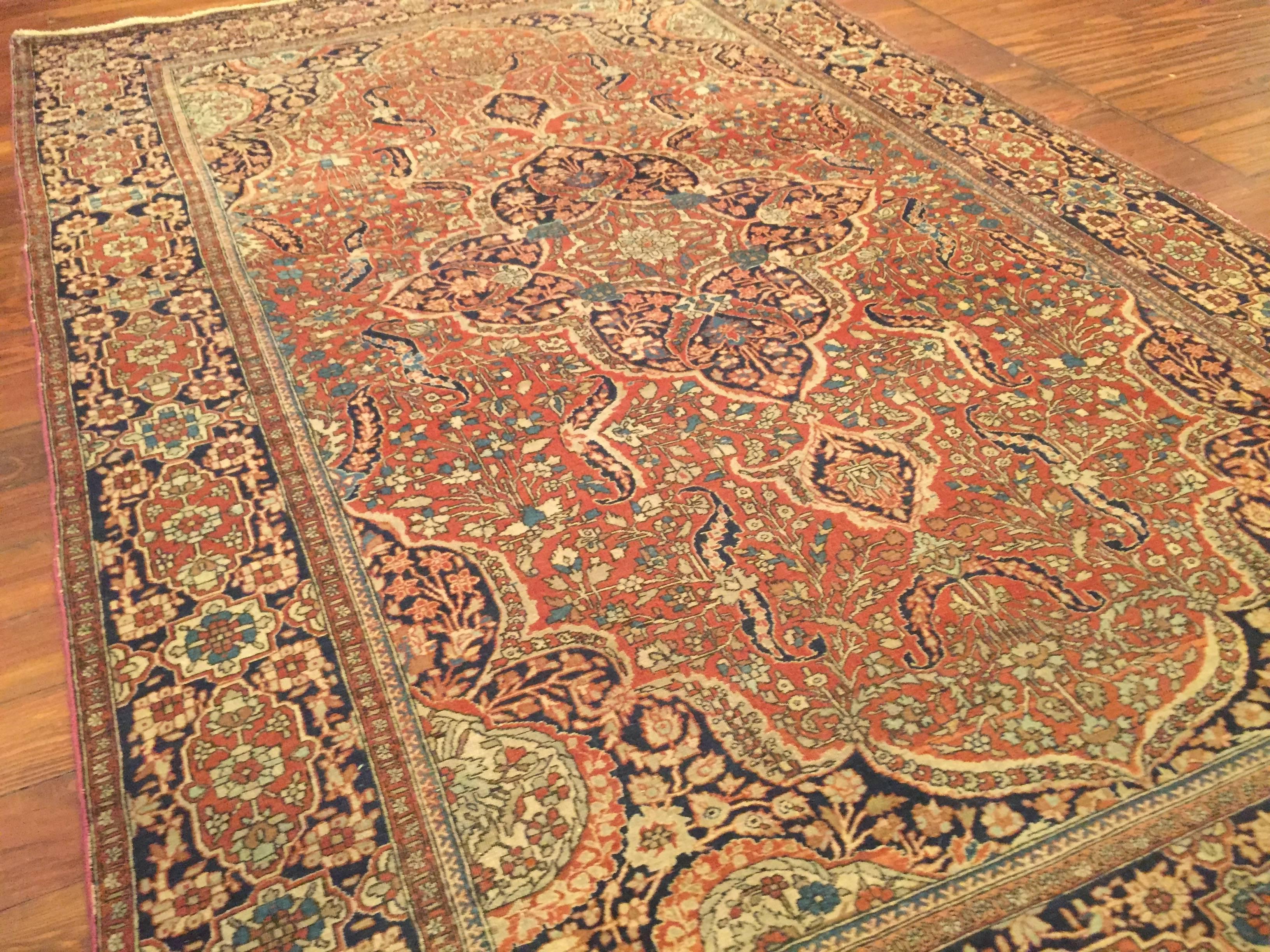 Hand-Knotted Late 19th Century Antique Persian Mohtashem Kashan Rug For Sale