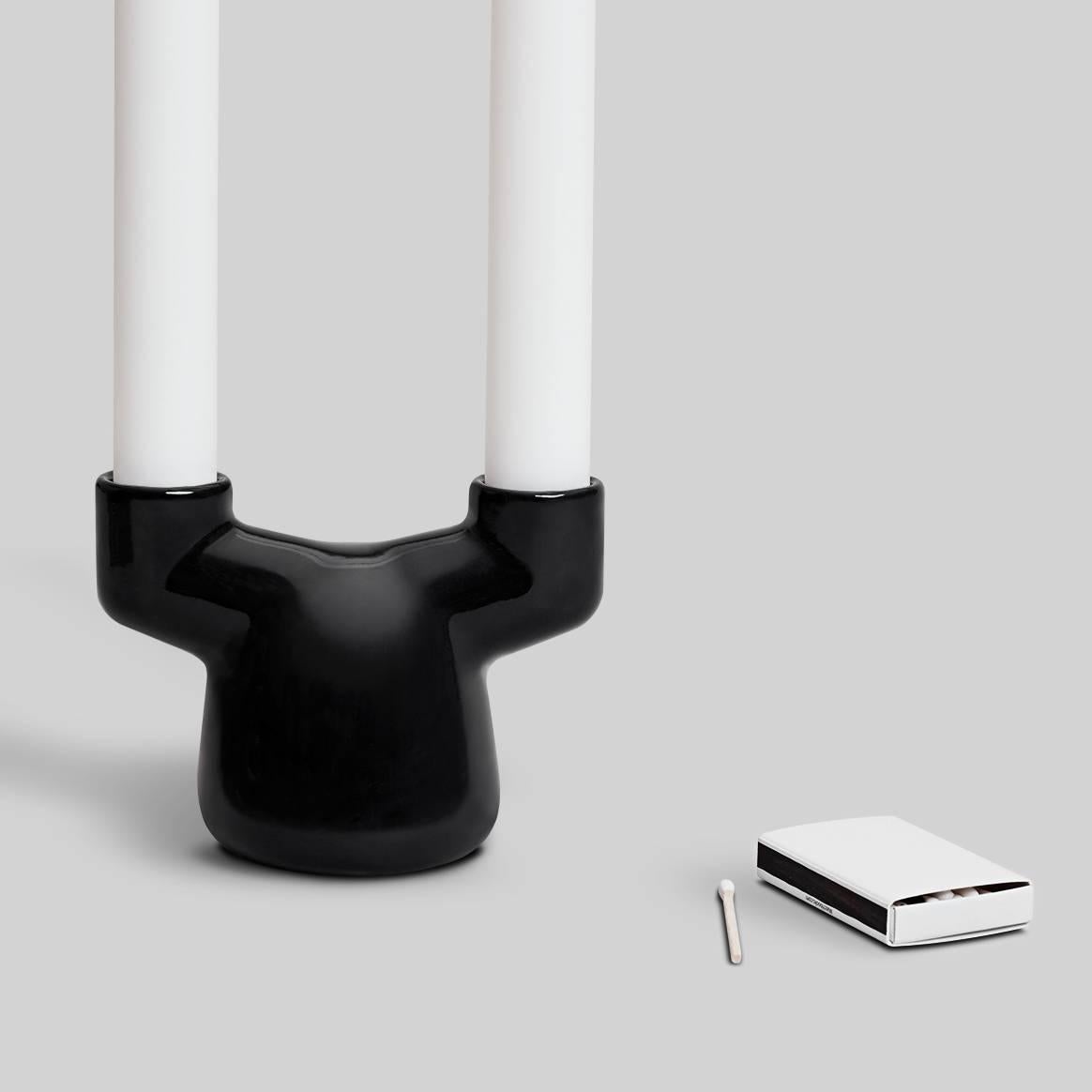 Modern EE Double Candleholder in Contemporary 3D Printed Gloss Black Porcelain For Sale