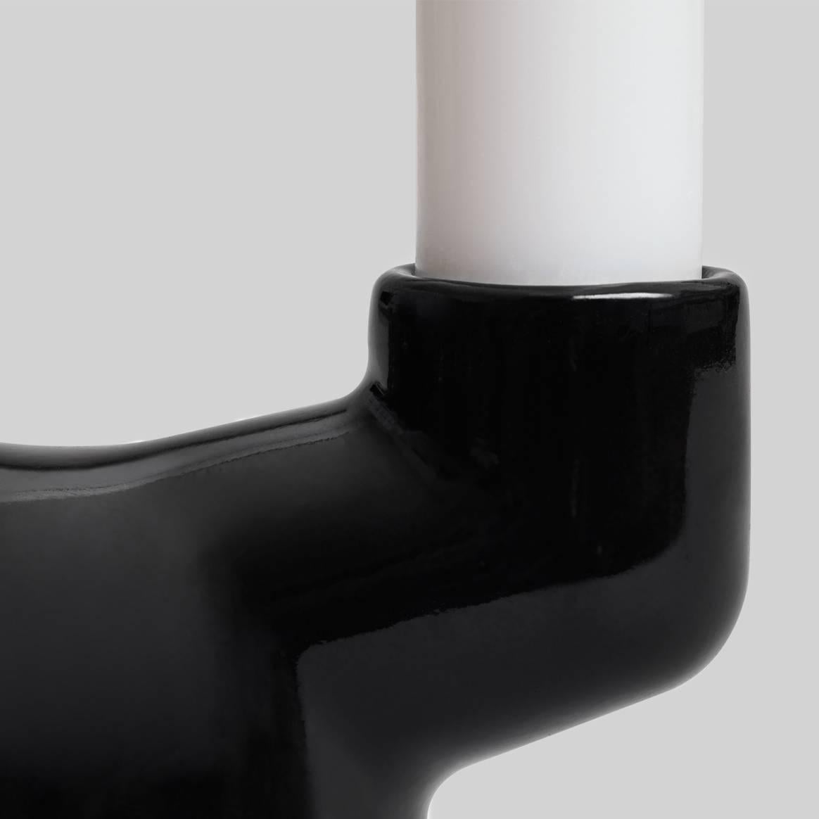 American EE Double Candleholder in Contemporary 3D Printed Gloss Black Porcelain For Sale