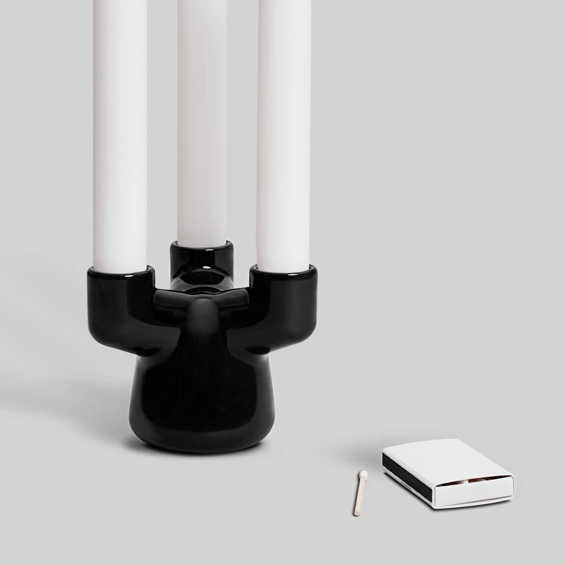 Modern EE Triple Candleholder in Contemporary 3D Printed Gloss Black Porcelain For Sale