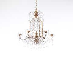 Italian Gilt Iron and Macaroni Crystal Beaded Chandelier