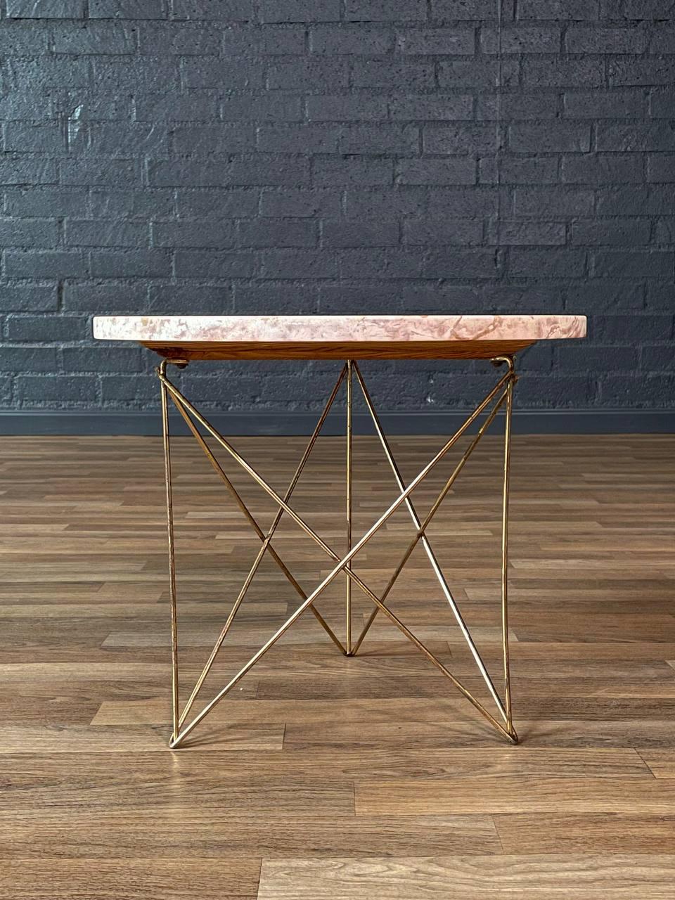 Italian Modern Pink Marble & Brass Side Table by Rene Brancusi In Good Condition For Sale In Los Angeles, CA
