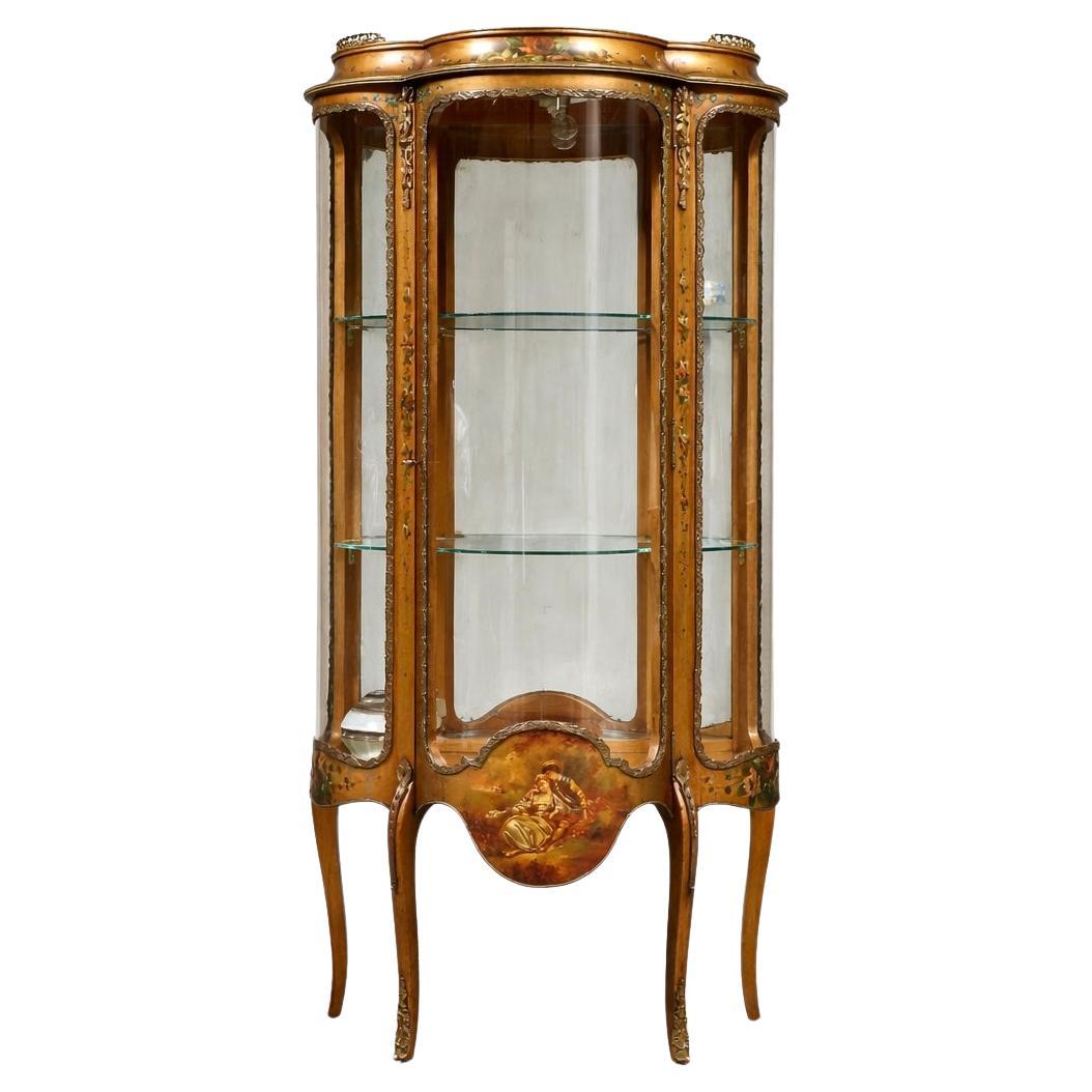 French Louis XV Style Hand-Painted Curio Vitrine Cabinet For Sale