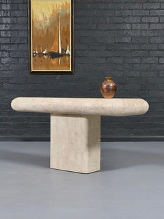 Post Modern Tessellated Travertine & Brass Inlaid Console Table