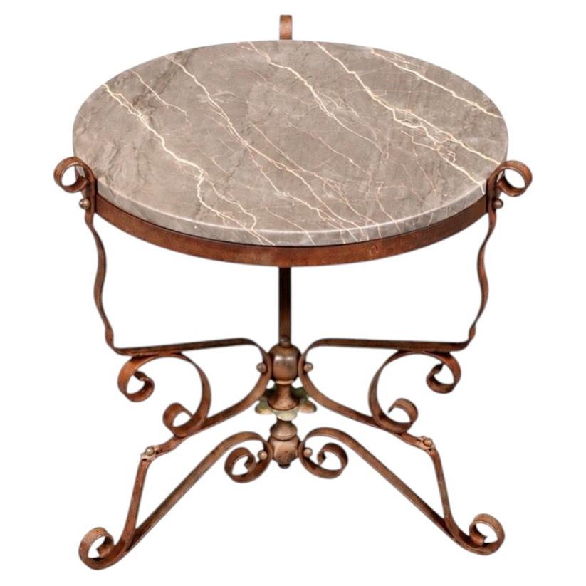 Vintage French Art Deco Wrought Iron & Marble Side Table For Sale