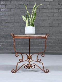 Vintage French Art Deco Wrought Iron & Marble Side Table