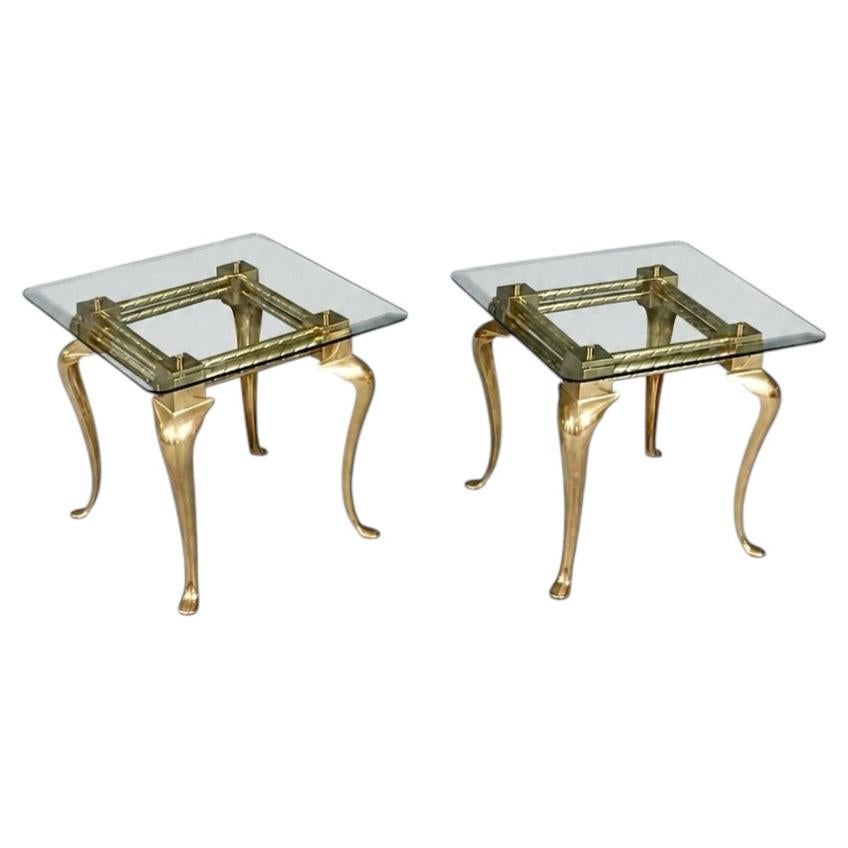 Pair of Hollywood Regency Sculptural Brass & Glass Side Tables For Sale