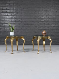 Pair of Hollywood Regency Sculptural Brass & Glass Side Tables