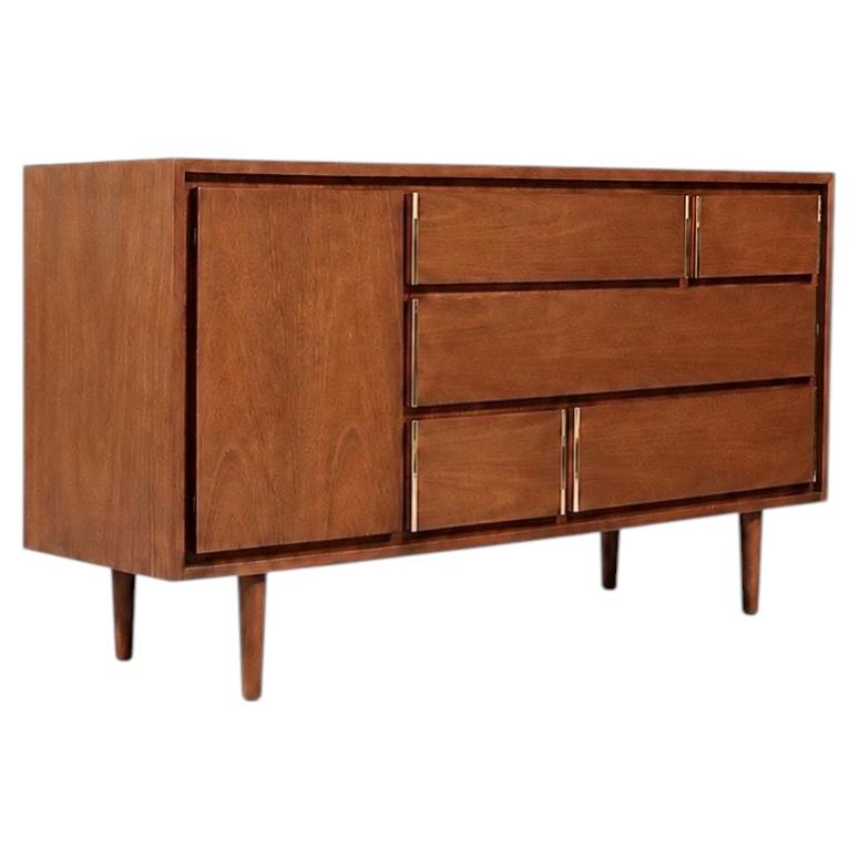 Newly Refinished -Mid-Century Modern Walnut Dresser w/ Brass Accents by Kroehler