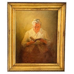 Antique Portrait Painting of Matriarch Reading with Gold Leaf Frame
