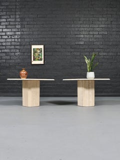 Pair of Vintage Italian Beveled Travertine Pedestal Side Tables