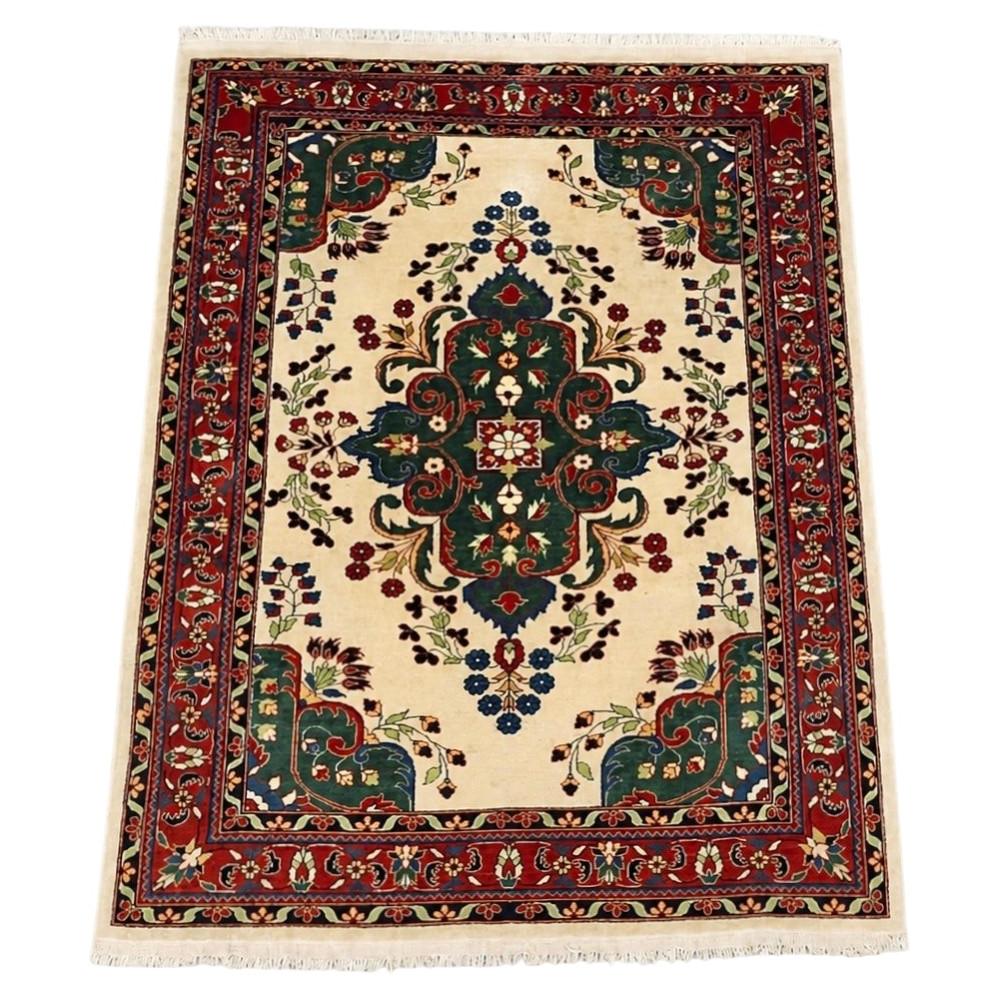 Vintage Indo-Persian Tabriz Floral Medallion Hand-Knotted Wool Rug