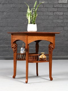 Arts & Crafts Carved Oak Side Table w: Magazine Rack
