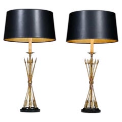 Pair of French Neoclassical Style Brass Arrow & Black Marble Table Lamps