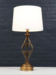Vintage Spanish Revival Gilt Wrought Iron Scrollwork Table Lamp