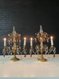 Pair of Antique French Crystal Girandoles Lamps