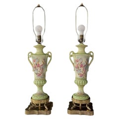 Pair of Vintage Pair of Green Porcelain Urn Shape Table Lamps
