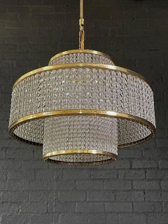 Mid-Century Modern Crystal & Brass Tier Chandelier